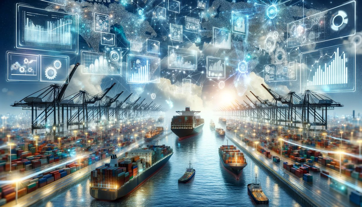 Cargo ship in port representing door to door logistics