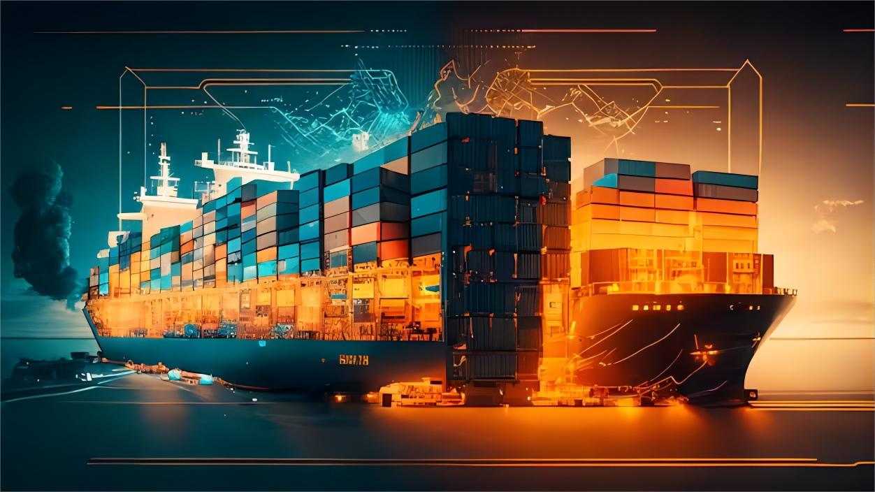 Container ship arriving at a busy international port